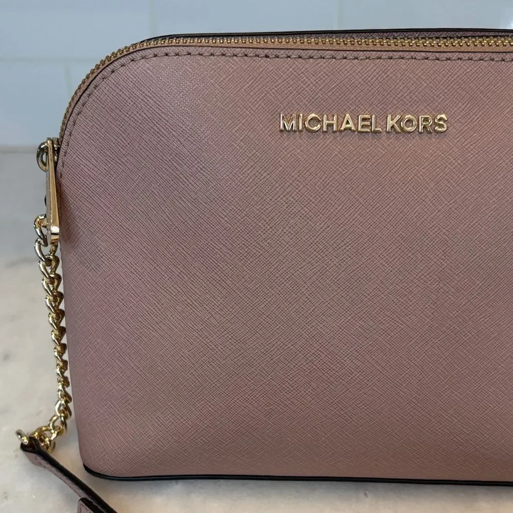Michael Kors Crossbody Bag Purse Handbag Saffiano Leather Domed Chain-link Pink